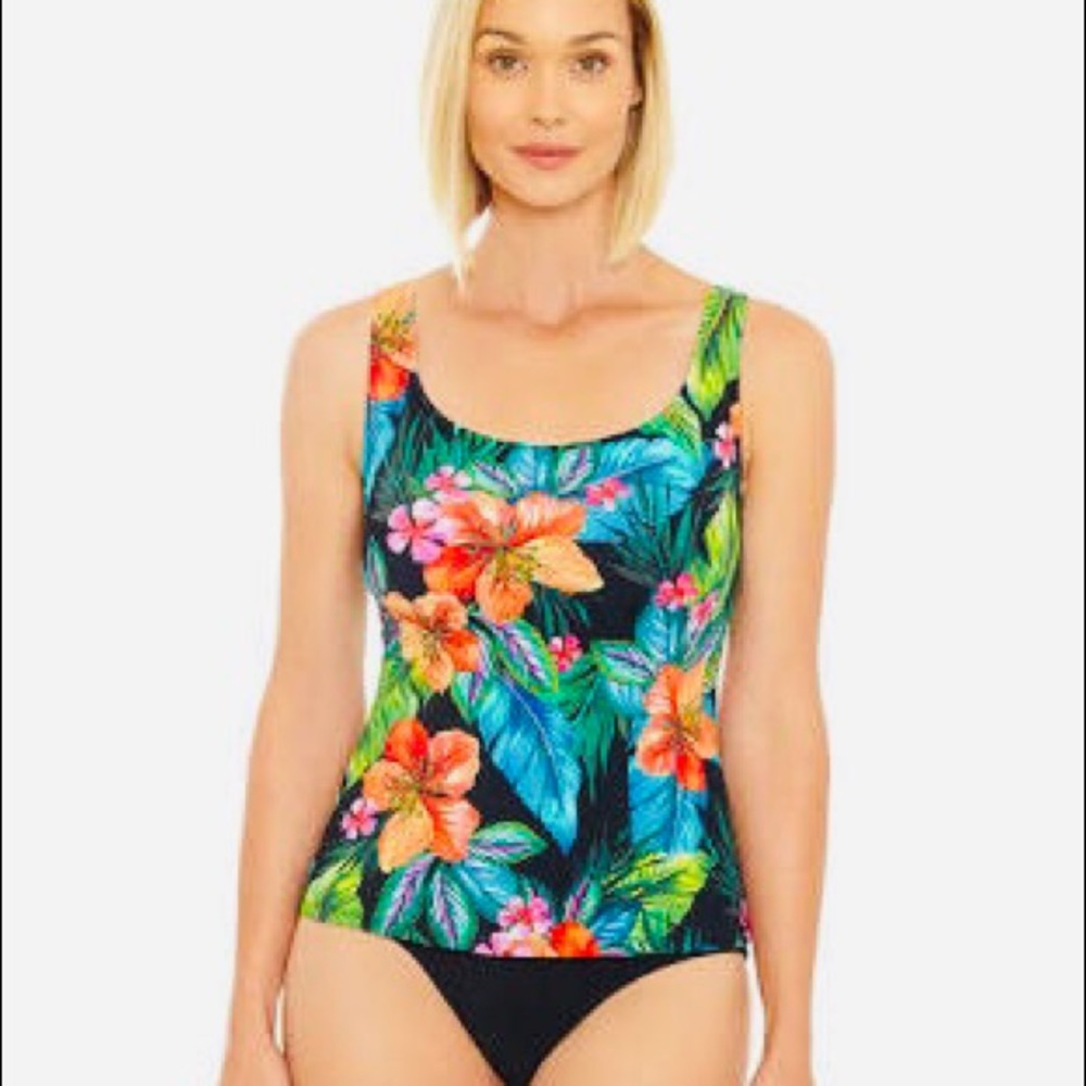 Floral Scoop Neck Tankini Swim Top - Black Multi